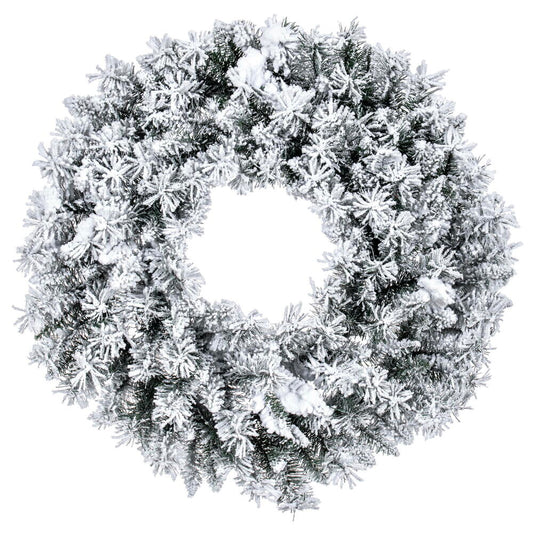 Representative snow-flocked Christmas wreath on a white background