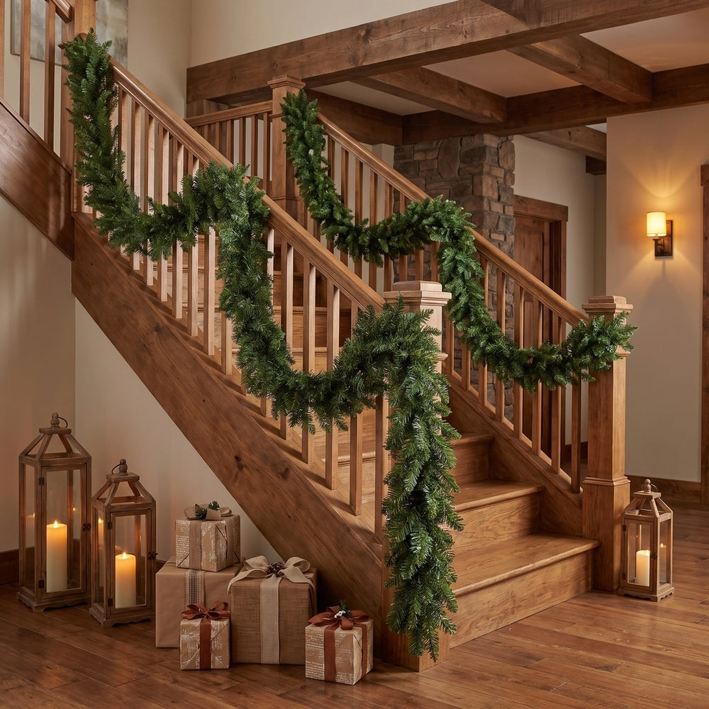 Representative green fir garland styled along a staircase; display shows the foliage style rather than the full 25-foot length